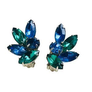 Vintage Aqua Peacock Teal Blue Rhinestone Earrings Clip-On Silver Tone
